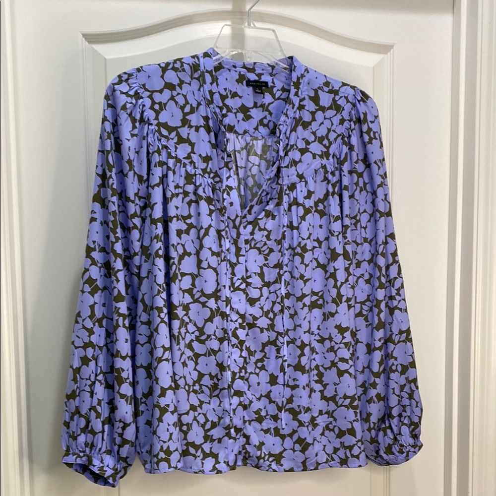 Ann Taylor longsleeve button-down blouse. Purple and green. Size large